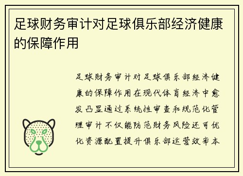 足球财务审计对足球俱乐部经济健康的保障作用